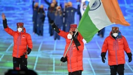 Arif Khan, the lone Indian athlete, carries the tricolor at the Winter Olympics opening ceremony.