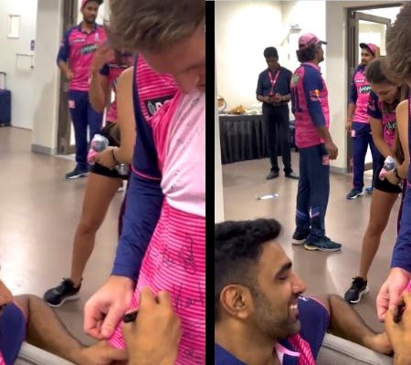 After the IPL 2022 final, R Ashwin signs Jos Buttler’s jersey in the dressing room.