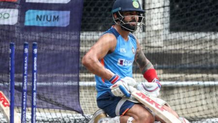 Harshal Patel hits Virat Kohli in the nets prior to India’s semi-final match against England.