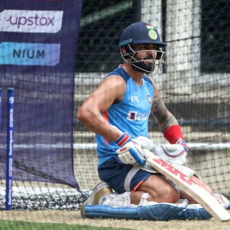 Harshal Patel hits Virat Kohli in the nets prior to India’s semi-final match against England.