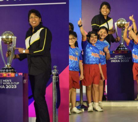 Jhulan Goswami encourages supporters to support the Indian team on their ODI World Cup trophy tour.