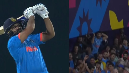 Rohit Sharma uses his feet to blast Matt Henry for a massive six in the second over