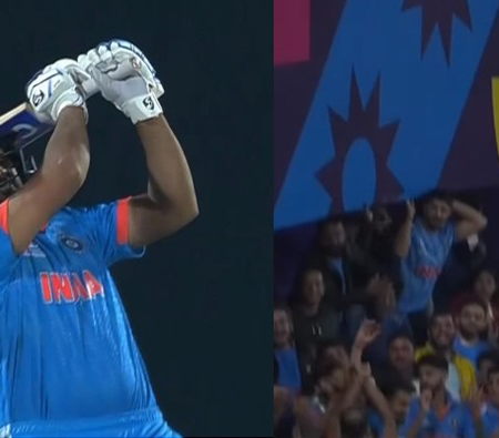 Rohit Sharma uses his feet to blast Matt Henry for a massive six in the second over