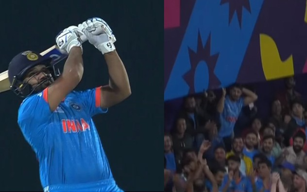 Rohit Sharma uses his feet to blast Matt Henry for a massive six in the second over