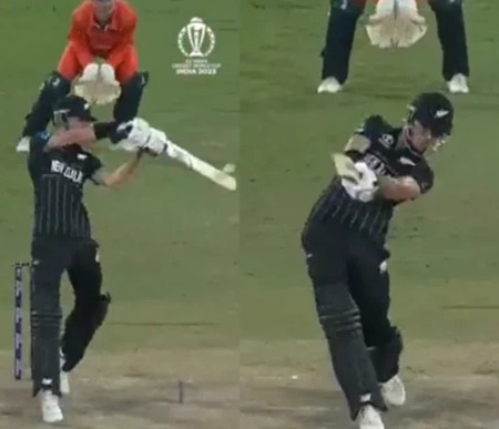 Mitchell Santner hits a waist-high no-ball over deep point for a six-point play.