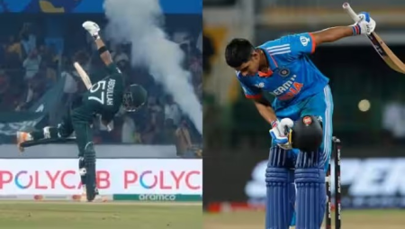 Shubman Gill and Abdullah Shafique each celebrate their first ODI ton.