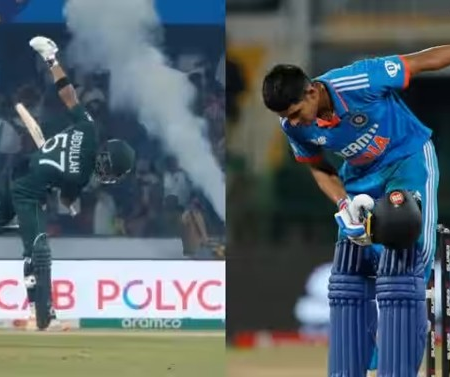 Shubman Gill and Abdullah Shafique each celebrate their first ODI ton.