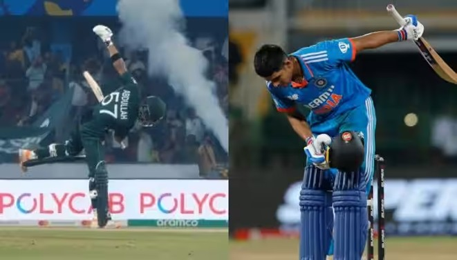 Shubman Gill and Abdullah Shafique each celebrate their first ODI ton.