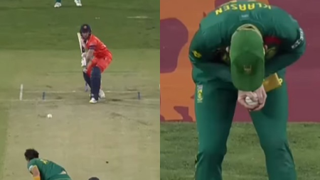 Heinrich Klaasen collects Gerald Coetzee’s unusual wide delivery at first slip