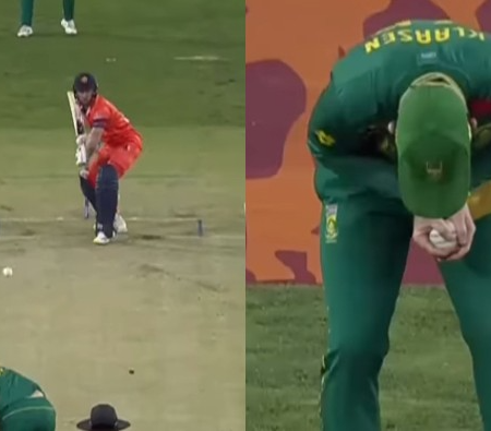 Heinrich Klaasen collects Gerald Coetzee’s unusual wide delivery at first slip