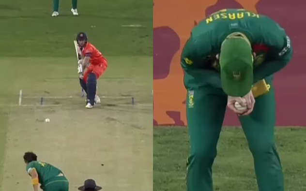 Heinrich Klaasen collects Gerald Coetzee’s unusual wide delivery at first slip