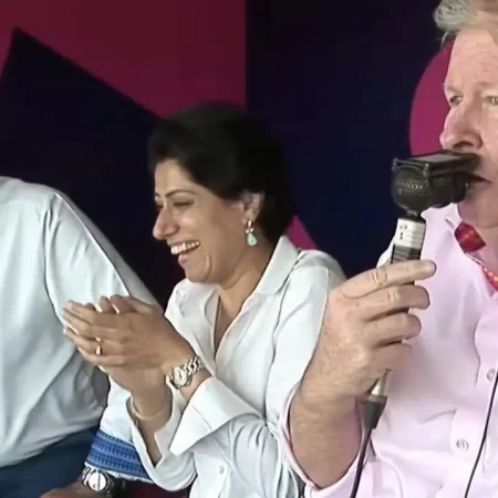 Ian Smith impersonates Ravi Shastri in the commentary box during the IND versus NED match