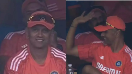 Rahul Dravid’s legendary photographs on the big screen during the IND-NED match