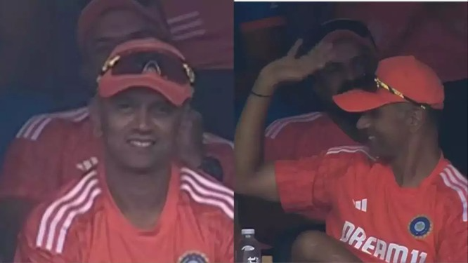 Rahul Dravid’s legendary photographs on the big screen during the IND-NED match